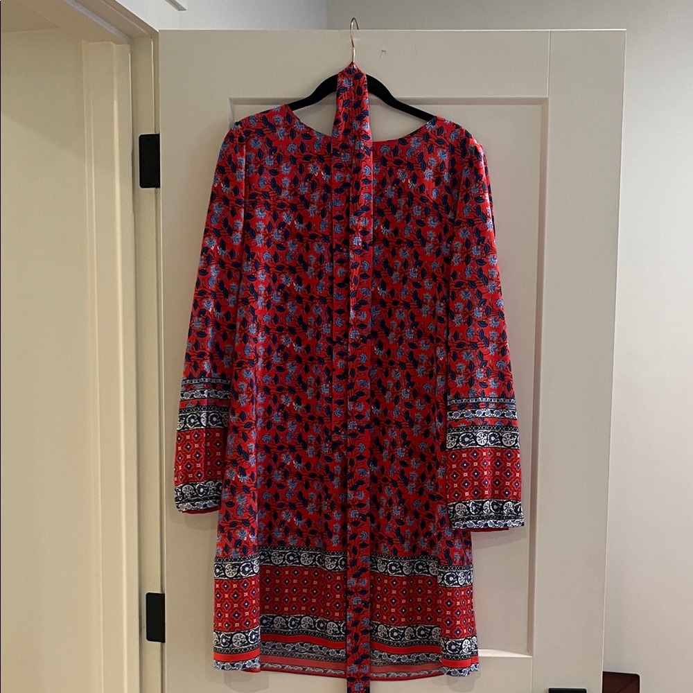 LOFT Red and Blue Patterned Long Sleeve Dress